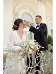 Long Sleeve Ankle Length V Neck Chiffon Wedding Dress