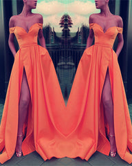 Sexy V-neck Off The Shoulder Long Satin Leg Split Evening Gowns