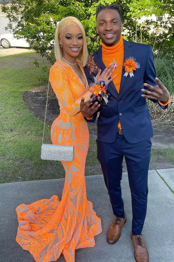 High Neck Long Sleeve Orange Mermaid Prom Dress