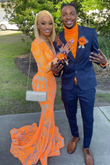 High Neck Long Sleeve Orange Mermaid Prom Dress