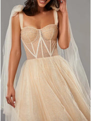 A-Line Prom Dresses Elegant Dress Formal Tea Length Sleeveless Sweetheart Tulle with Pleats Sequin