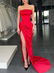 Strapless Champagne Satin Prom Dress With Slit