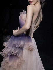 Purple Pleats Ruffles Ombre Prom Dress