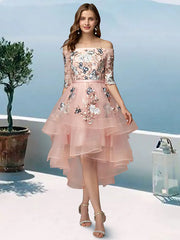 A-Line Prom Dresses Floral Dress Evening Party Asymmetrical Half Sleeve Off Shoulder Satin with Embroidery Appliques