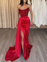 Burgundy Satin Long Mermaid Prom Dress