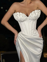 Trumpet Mermaid Ivory Beading Satin Prom Dress