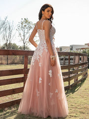 A-Line Princess Tulle Applique V-neck Sleeveless Floor-Length Prom Dresses