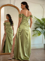 Mermaid / Trumpet Prom Dresses Corsets Dress Prom Floor Length Short Sleeve Off Shoulder Charmeuse with Slit