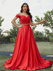 A-Line  Princess Silk like Satin Applique Off-the-Shoulder Sleeveless  Two Piece Prom Dresses