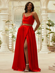 A-Line Princess Silk like Satin Ruffles Spaghetti Straps Sleeveless  Two Piece Prom Dresses