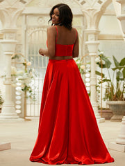 A-Line Princess Silk like Satin Ruffles Spaghetti Straps Sleeveless  Two Piece Prom Dresses