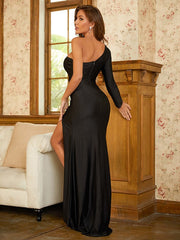 Jersey Ruffles One-Shoulder Long Sleeves  Dresses