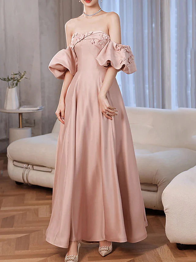 Blush Pink Satin Appliques Prom Dress