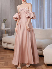 Blush Pink Satin Appliques Prom Dress