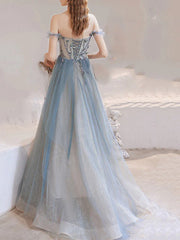 Puffy Blue Tulle Beading Formal Prom Dress