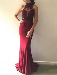 Mermaid / Trumpet Bridesmaid Dress Halter / V Neck Sleeveless Beautiful Back Sweep / Brush Train Lace / Stretch Chiffon with Pleats / Solid Color - RongMoon