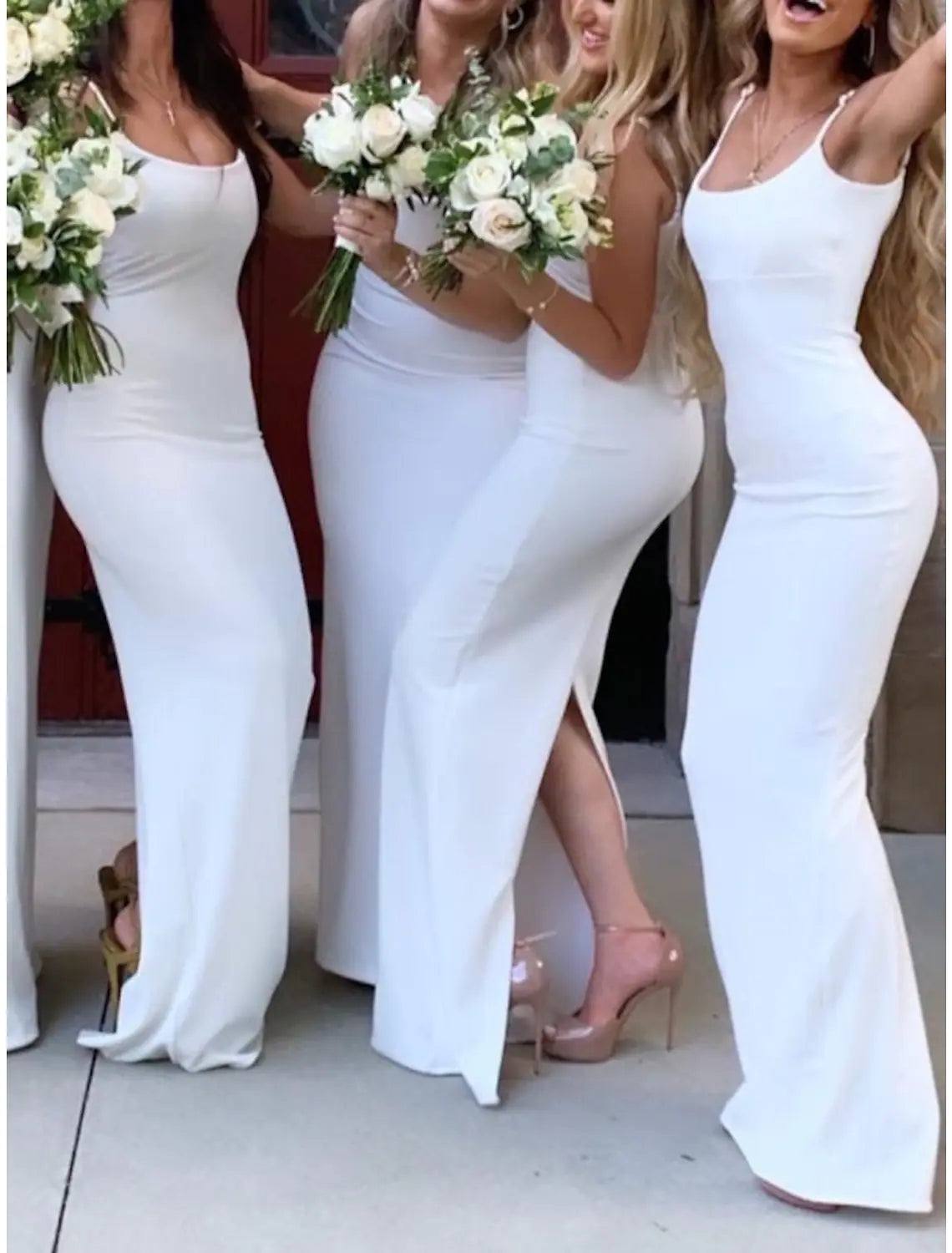 Sheath / Column Bridesmaid Dress Spaghetti Strap Sleeveless Elegant Sweep / Brush Train Stretch Fabric with Split Front / Solid Color - RongMoon