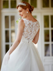 Little White Dresses Wedding Dresses Tea Length A-Line Sleeveless Illusion Neck Lace With Sashes / Ribbons Buttons