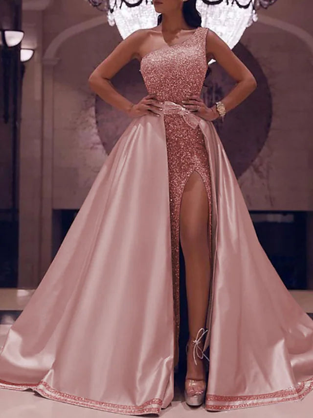 One Shoulder Sequin Detachable Train Prom Dress