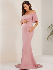 Mermaid / Trumpet Maternity Dresses Maternity Dress Formal Court Train Short Sleeve Off Shoulder Stretch Fabric with Ruched Pure Color