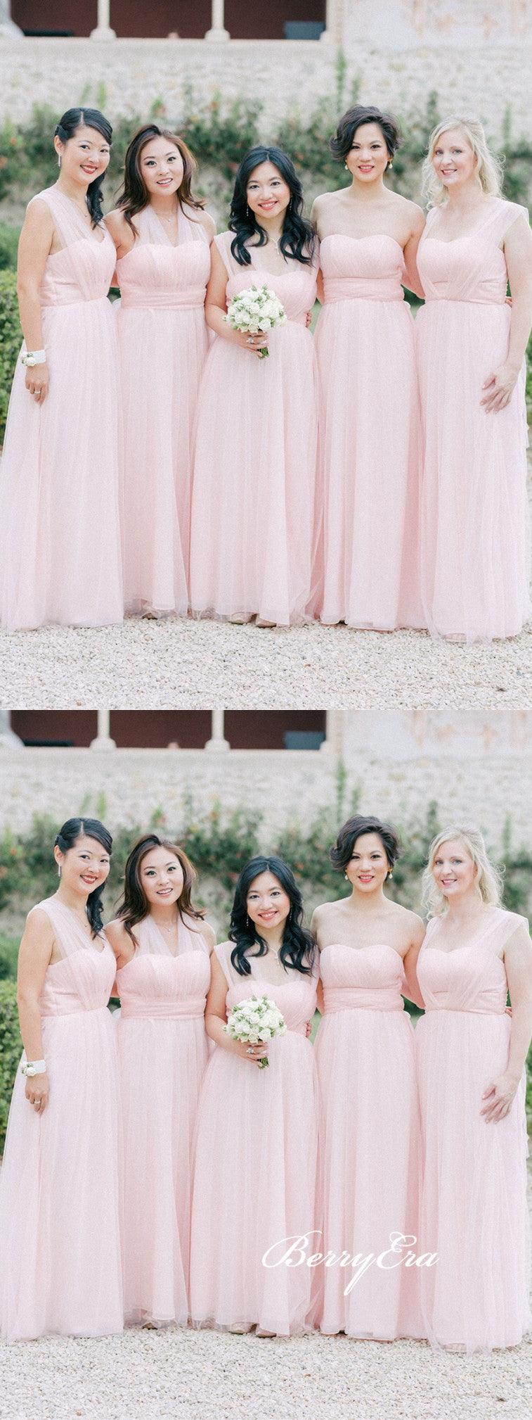 Pink Convertible Long A-line Tulle Bridesmaid Dresses - RongMoon