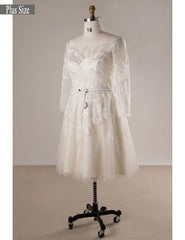 Champagne 3/4 Sleeve Short Plus Size Lace Appliques Wedding Dress