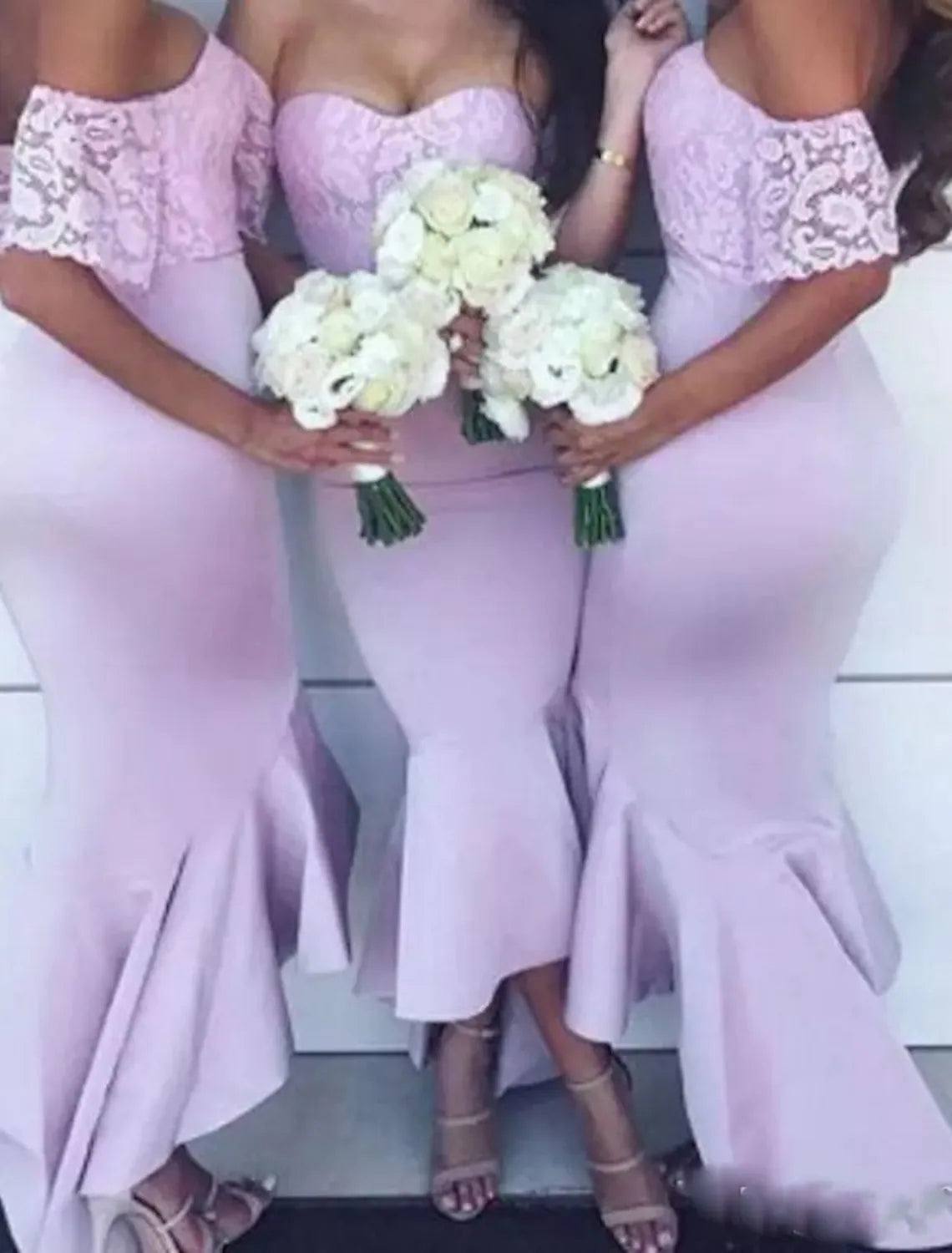 Mermaid / Trumpet Bridesmaid Dress Sweetheart Neckline / Off Shoulder Short Sleeve Beautiful Back Asymmetrical / Floor Length Lace / Stretch Chiffon with Pleats / Solid Color - RongMoon
