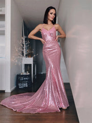 Ruffles Sequins V-neck  Sleeveless Long Prom Dresses Pink