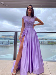 A-Line Princess Satin Scoop Short Sleeves Beading Prom Dresses