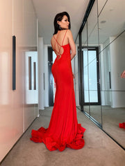 Spandex Ruffles V-neck Sleeveless Red Prom Dresses Long