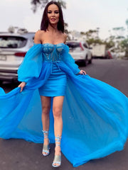 A-Line Princess Tulle Beading Off-the-Shoulder Long Sleeves  Dresses