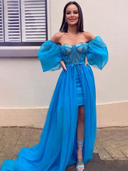 A-Line Princess Tulle Beading Off-the-Shoulder Long Sleeves  Dresses