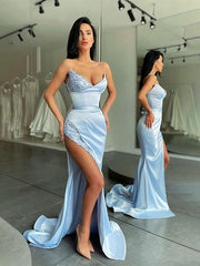 Sweetheart Sexy Beading Slit Sky Blue Prom Dress