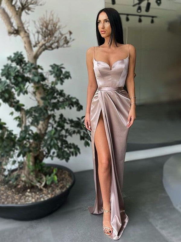 Sheath Column Elastic Woven Satin Champagne Ruffles Prom Dress