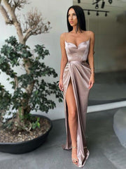 Sheath Column Elastic Woven Satin Champagne Ruffles Prom Dress