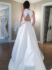 High Neck Satin Princess Backless Wedding Dress With Pockets