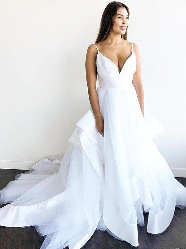 Tulle V Neck Ruffles Sweep Train Long Wedding Dress