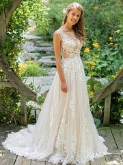Champagne Tulle Scoop Appliques Button Back Wedding Dress