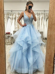 V Neck Tulle Appliques Blue Formal Prom Dress