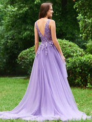 Lavender Tulle High Low Appliques Backless Prom Dress