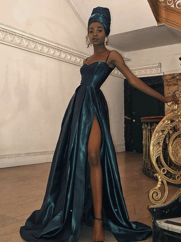 Dark Green Satin Slit Spaghetti Straps Prom Dress