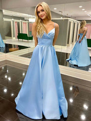 Spaghetti Straps Sky Blue Ruched Satin Prom Dress