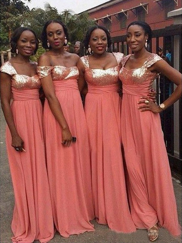 Coral Chiffon Sweetheart Sequin Bridesmaid Dress