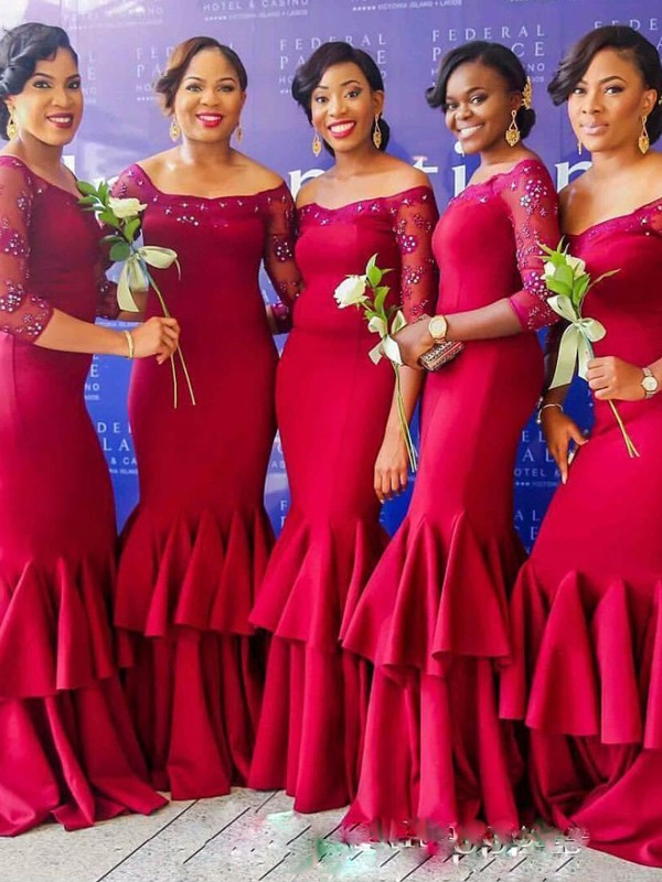 Mermaid Satin Off-the-Shoulder 3/4 Sleeves Bridesmaid Dress
