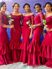 Mermaid Satin Off-the-Shoulder 3/4 Sleeves Bridesmaid Dress