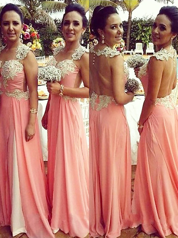 Princess Straps Long Chiffon Applique Bridesmaid Dress