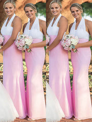 Sheath Column Halter Chiffon Pink Bridesmaid Dress