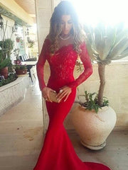 Red Long Sleeves Trumpet Mermaid Lace Prom Dress