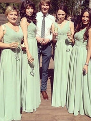 Chiffon V-neck Sage Ruched Bridesmaid Dress