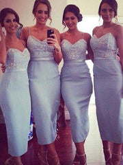 Sheath Satin Spaghetti Straps Beading Bridesmaid Dress